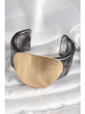 Siyah Mermer Desen Akrilik Plastik Gold Daire Plaka Model Vintage Kadın Bilezik - Lisinya