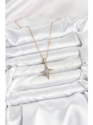 316L Çelik Zincir Gold Renk Kutup Yıldızı Model Zirkon Taşlı Kadın Kolye - Lisinya