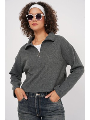 55449 Fermuarlı Yaka Örme Sweatshirt - Antrasit