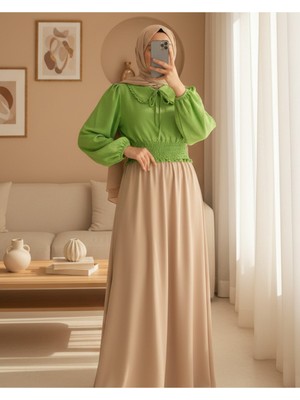 Modamorfo Beli Lastikli Bebe Yaka Uzun Kol Bluz  -Yeşil