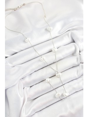 Pirinç Incili Kalp Figürlü Y Model Gümüş Renk Kadın Kolye - Lisinya