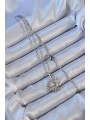 316L Çelik Zincir Gümüş Renk Zirkon Taşlı Parlayan Güneş Kolye - Lisinya