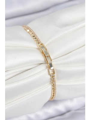 Pirinç Zirkon Taşlı Ezme Zincirli Sıralı Model Gold Renk Kadın Bilekilk - Lisinya