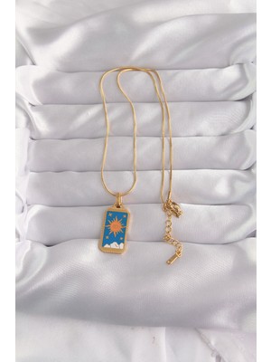 316L Çelik Gold Renk Mavi Mineli Güneş Model Tarot Kolye - Lisinya