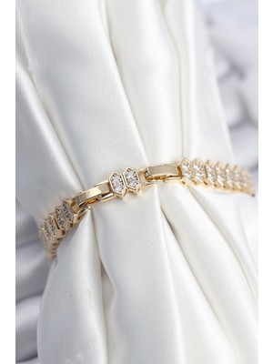 Pirinç Vıp Seri Gold Renk Zirkon Taşlı Kadın Bileklik - Lisinya