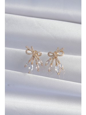 Pirinç Gold Renk Zirkon Taşlı Fiyonk Küpe - Lisinya