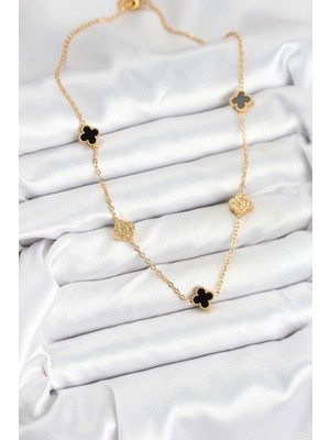 316L Çelik Zincir Gold Renk Siyah ve Zirkon Taşlı Baby Boy Yonca Kadın Kolye - Lisinya