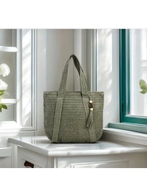 love Kadın Hasır Plaj Çantası Püskül Detaylı Büyük Boy Yazlık Omuz Çantası Iç Astarlı Ağzı Fermuarl