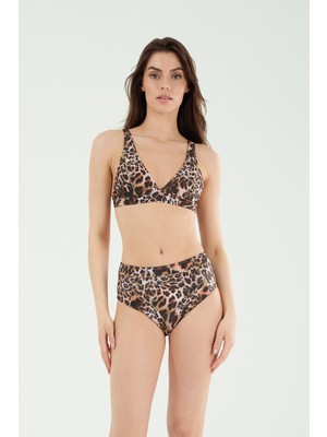 Louren Kadın Kahve-Mavi Leopar Desenli Yüksek Belli Ince Kaplı Toparlayıcı Bikini Takımı