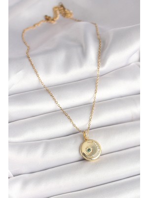 316L Çelik Gold Renk Zincir Zirkon Taş Işlemeli Hilal Yıldız Işlemeli Madalyon Model Kadın Kolye - Lisinya