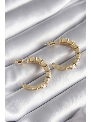 Pirinç Gold Renk Zirkon Taşlı Halka Model Kadın Küpe - Lisinya