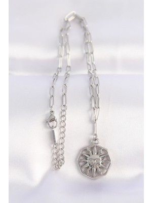 316L Çelik Zincir Gümüş Renk Güneş Kolye - Lisinya