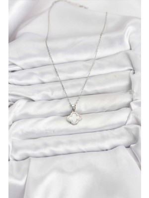 316L Çelik Zincir Gümüş Renk Sedefli Yonca Kadın Kolye - Lisinya