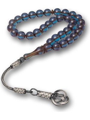 İsmiyle Al Gümüş Kazaz Püsküllü Şeffaf Mavi Sıkma Kehribar Tesbih