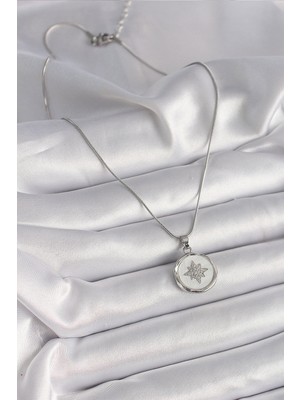 316L Çelik Gümüş Renk Zincir Beyaz Sedefli Zirkon Taşlı Yıldız Işleme Model Kadın Kolye - Lisinya