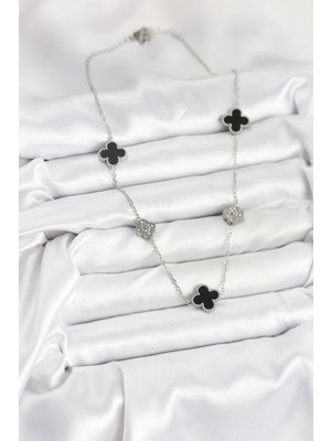 316L Çelik Zincir Gümüş Renk Siyah ve Zirkon Taşlı Yonca Kadın Kolye - Lisinya