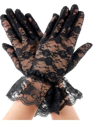 Pileli Store Siyah Güpürlü Dantel Eldiven Kısa – Vintage Zarif Kadın Eldiveni