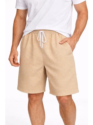 Lushiowear Erkek Pötikareli Şort – Beli Lastikli Bağcıklı, Cepli, Rahat Kesim Günlük Yazlık Şort - Bej