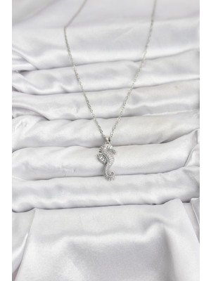 316L Çelik Zincir Gümüş Renk Deniz Atı Model Zirkon Taşlı Kadın Kolye - Lisinya