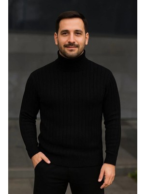 Lushiowear Erkek Balıkcı Yaka Bağazlı Triko Kazak Pamuklu Kalın Fitilli Dokuma Regular Fit - Siyah