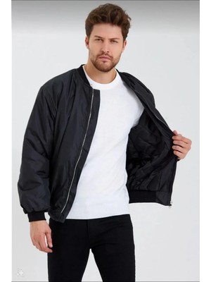 Lushiowear Erkek Siyah Bomber Mont Su Itici Kapitone Astarlı Fermuarlı Ceket - Siyah