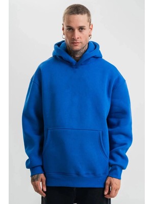 Lushiowear Erkek Saks Mavi Double Oversize 3 Iplik Pamuklu Kapüşonlu Kanguru Cepli - Saks Mavisi