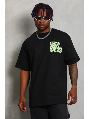 Lushiowear Erkek Baskılı T-Shirt Kısa Kol Bisiklet Yaka Regular Fit Rahat Kalıp Günlük Tişört - Siyah