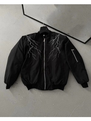 Lushiowear Erkek Siyah Bomber Mont Beyaz Şimşek Desenli Fermuarlı Cepli Kapitone Astarlı - Siyah