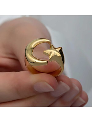 İsmiyle Al 925 Ayar Gümüş Gold Ay Yıldız Kadın Yüzük