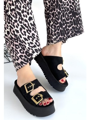 Coer Siyah Süet Çift Tokalı Terlik - Lisinya