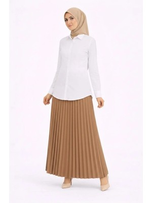 Lushiowear Tesettür Beyaz Gömlekli Pliseli Etek Ikili Takım Gündelik ve Ofis Şıklığı - Kahverengi