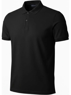 Lushiowear Erkek Pike Kumaş Düğmeli Yaka Regular Fit Günlük Kısa Kol Tişört T-Shirt - Siyah