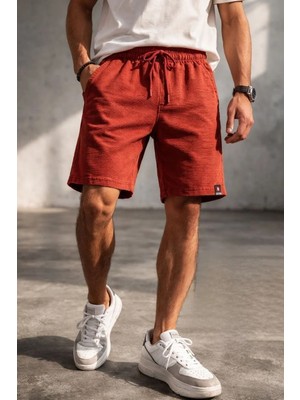 Lushiowear Erkek Otoban Dokuma Şort Beli Lastikli Bağcıklı, Cepli, Rahat Kesim Günlük Yazlık Şort - Turuncu
