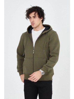 Lushiowear Erkek 3 Iplik Pamuklu Fermuarlı Kapüşonlu Kanguru Cepli Hoodie Hırka Sweatshirt - Yeşil