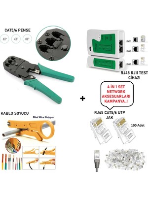 Derwell 4'lü Set Kampanyası RJ45 Cat5/6 Jak 8P8C Pensesi + RJ45/RJ11 Test Cihazı + 100 Adet Cat5/6 Jak + Kablo Soyucu Sarı - Network Aksesuarları Ethernet Seti 4in1 Kit