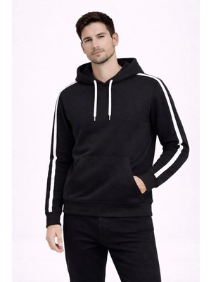Lushiowear Erkek Şeritli Kapüşonlu Sweatshirt Oversize 3 Iplik Pamuklu - Siyah