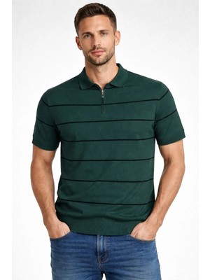 Lushiowear Erkek T-Shirt Çizgili Triko Dokuma Kumaş Polo Yaka Fermuarlı Regular Kalıp Tişört - Çağla Yeşili