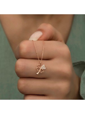 İsmiyle Al 925 Ayar Gümüş Rose Kalpli Dört Yapraklı Yonca Kadın Gümüş Kolye