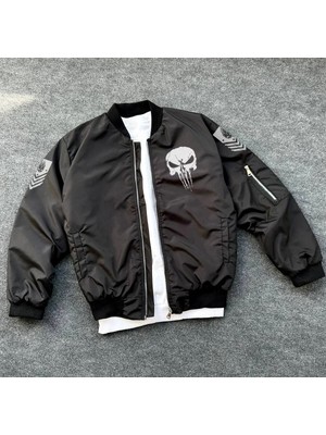 Lushiowear Erkek Siyah Askeri Tarz Bomber Mont Punisher Skull Detaylı Fermuarlı Cepli - Siyah