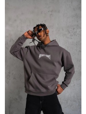 Giyim Center Erkek 3 Iplik Pamuklu Baskılı Kapüşonlu Cepli Sweatshirt Hoodie - Füme