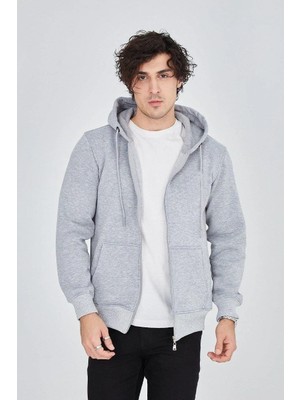Lushiowear Erkek 3 Iplik Pamuklu Fermuarlı Kapüşonlu Kanguru Cepli Hoodie Hırka Sweatshirt - Gri