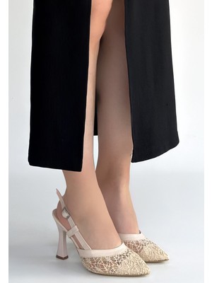 Fantastik Store Ceta Bej Cilt Tül Detaylı Topuklu Ayakkabı - Lisinya