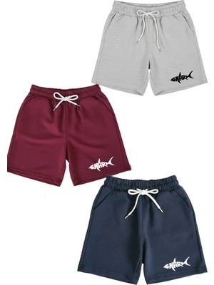 Makiteks Pamuk 3 Adet Unisex Kız Erkek Çocuk Şort Seti 5 6 7 8 9 10 11 12 13 14 Yaş Düz Renk Shark Baskı