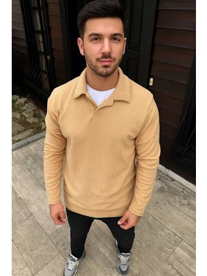 Lushiowear Erkek Fitilli Polar Sweatshirt Düğmesiz Polo Yaka Oversize Kalıp Kalın Polar ve - Bej
