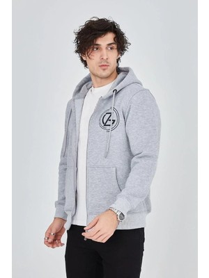 Giyim Center Erkek 3 Iplik Pamuklu Fermuarlı Kapüşonlu Kanguru Cepli Baskılı Hoodie Hırka Sweatshirt -Gri