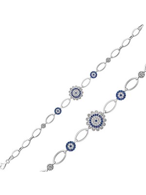 İsmiyle Al 925 Ayar Gümüş Nazarlı Çiçek Bileklik