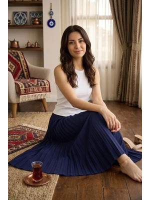 Lushiowear Kadın 90 cm Saten Kumaş Pliseli Midi Etek Şık ve Zarif Tasarım - Lacivert