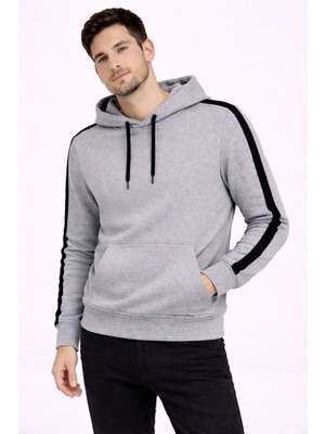 Lushiowear Erkek Şeritli Kapüşonlu Sweatshirt Oversize 3 Iplik Pamuklu - Gri