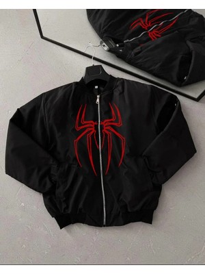 Lushiowear Erkek Örümcek Desenli Siyah Bomber Mont Fermuarlı Cepli, Kapitone Astarlı, Ceket Modeli - Siyah