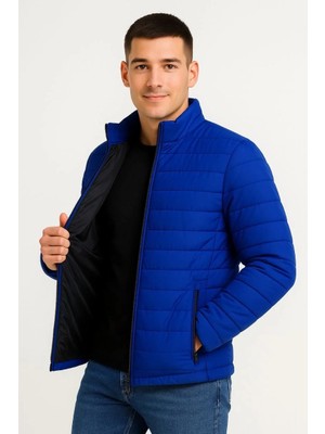 Lushiowear Erkek Bomber Mont Ceket – Su Itici Kumaş, Kapitone Astarlı, Fermuarlı, Kışlık - Saks Mavisi